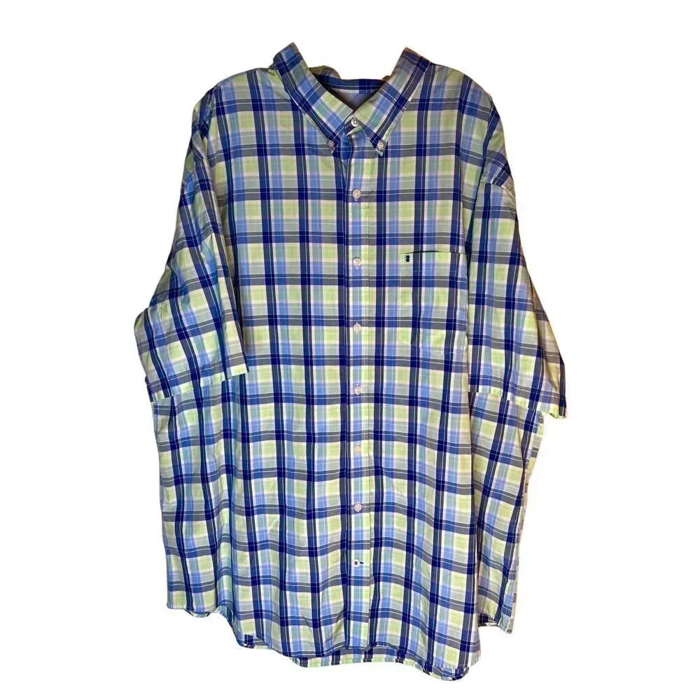 IZOD Short Sleeve Button Down Collared Shirt For Mens, Blue Plaid Size 3XLT
